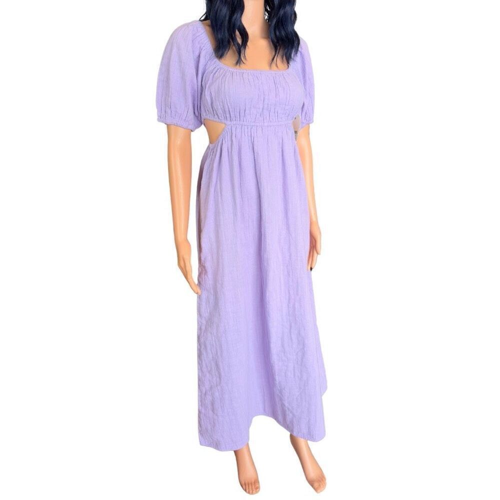 Billabong On The Coast Midi Dress Medium NWT Purple Puff Sleeve Cut Out Lavender - Picture 3 of 6